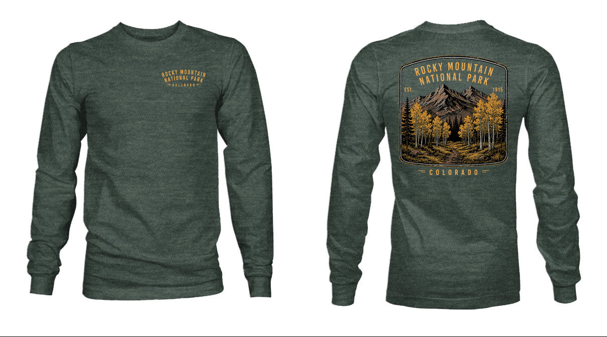 A dark forest heather long-sleeve t-shirt shown from both front and back, featuring a vintage-style Rocky Mountain National Park graphic with mountains, trees, and yellow text. The top section includes a larger view of the graphic and product code text.