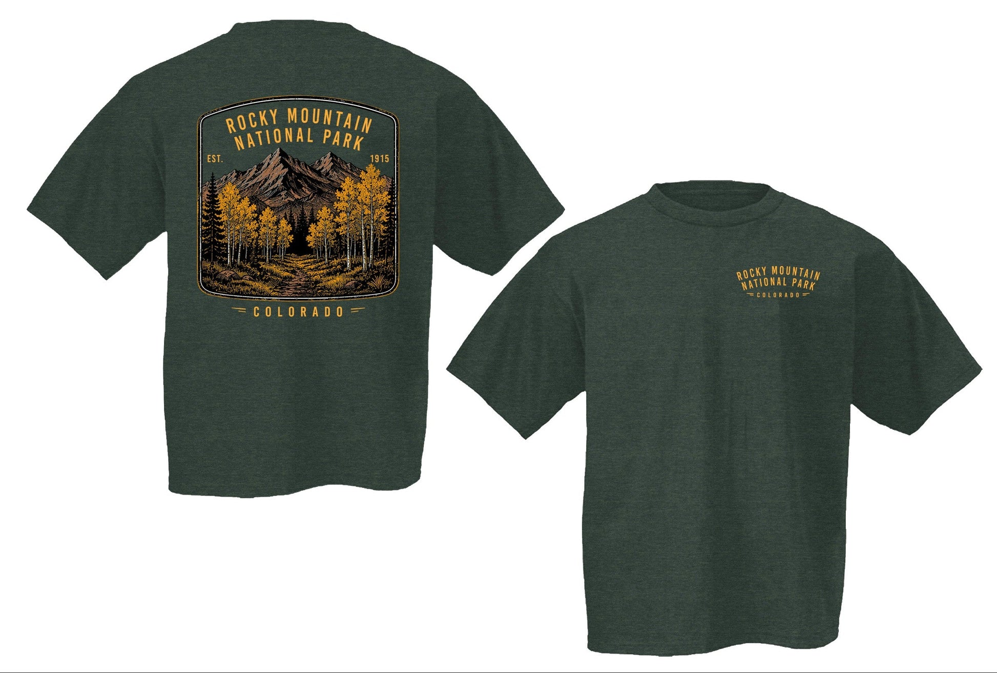 Dark forest heather green t-shirt featuring a large back graphic of Rocky Mountain National Park with yellow-aspen trees and a mountain, plus a smaller yellow chest logo on the front, shown on a white background with product text above.