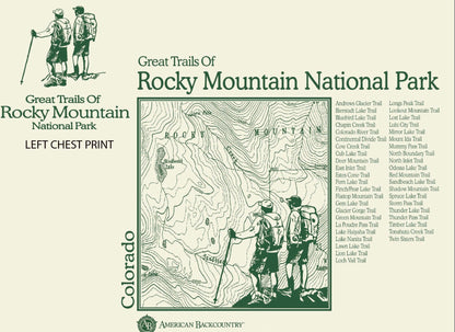 T-shirt design for Rocky Mountain National Park with map and text details.