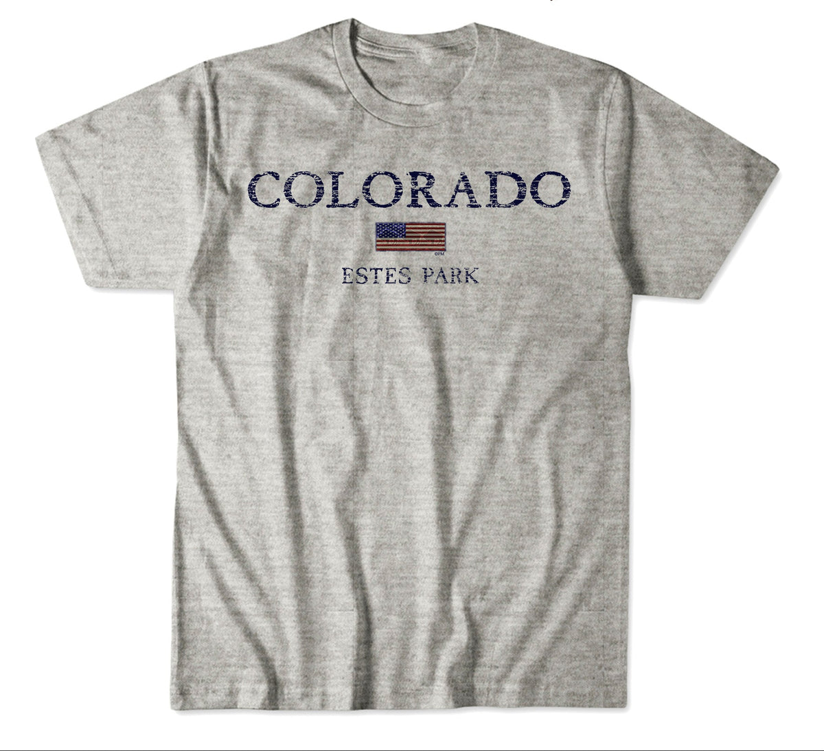 A heather gray short-sleeve t-shirt with a distressed navy blue 'COLORADO ESTES PARK' graphic and a small American flag on the chest, shown below a color/material specification panel.