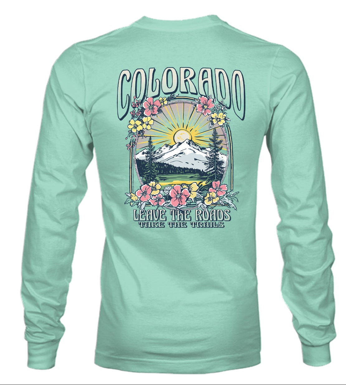 Mint green long-sleeve shirt with 'Colorado' graphic design on a light blue background