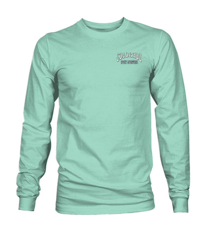 Mint green long-sleeve shirt with 'Colorado' graphic design on a light blue background