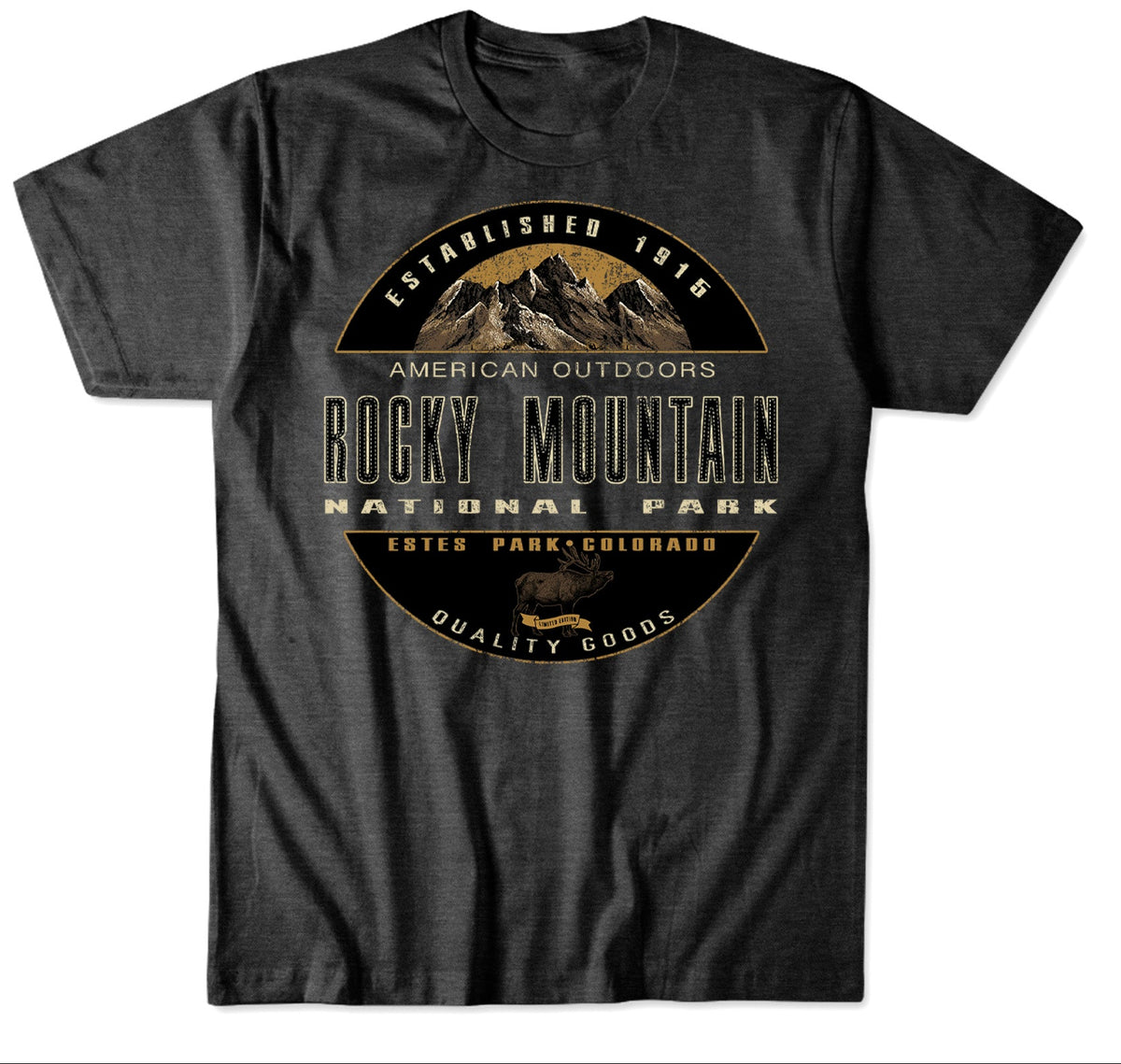 A dark charcoal gray t-shirt featuring a circular graphic print for 'Rocky Mountain National Park' with gold and beige details. The image is split into two sections: the top shows a close-up of the graphic on a dark background, and the bottom shows the full t-shirt on a white background with text identifying the product as 'MAKING THE ROUNDS MTN ELK(generic) M501ME-MD CPT4001 Charcoal'.