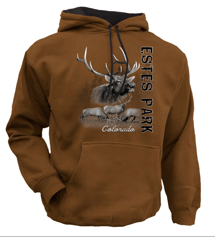A brown pullover hoodie shown on a white background with a large front graphic of an elk and the text 'Estes Park Colorado.' The top panel shows the same design as a flat print preview on a brown background with product text above; the bottom panel shows the hoodie itself.