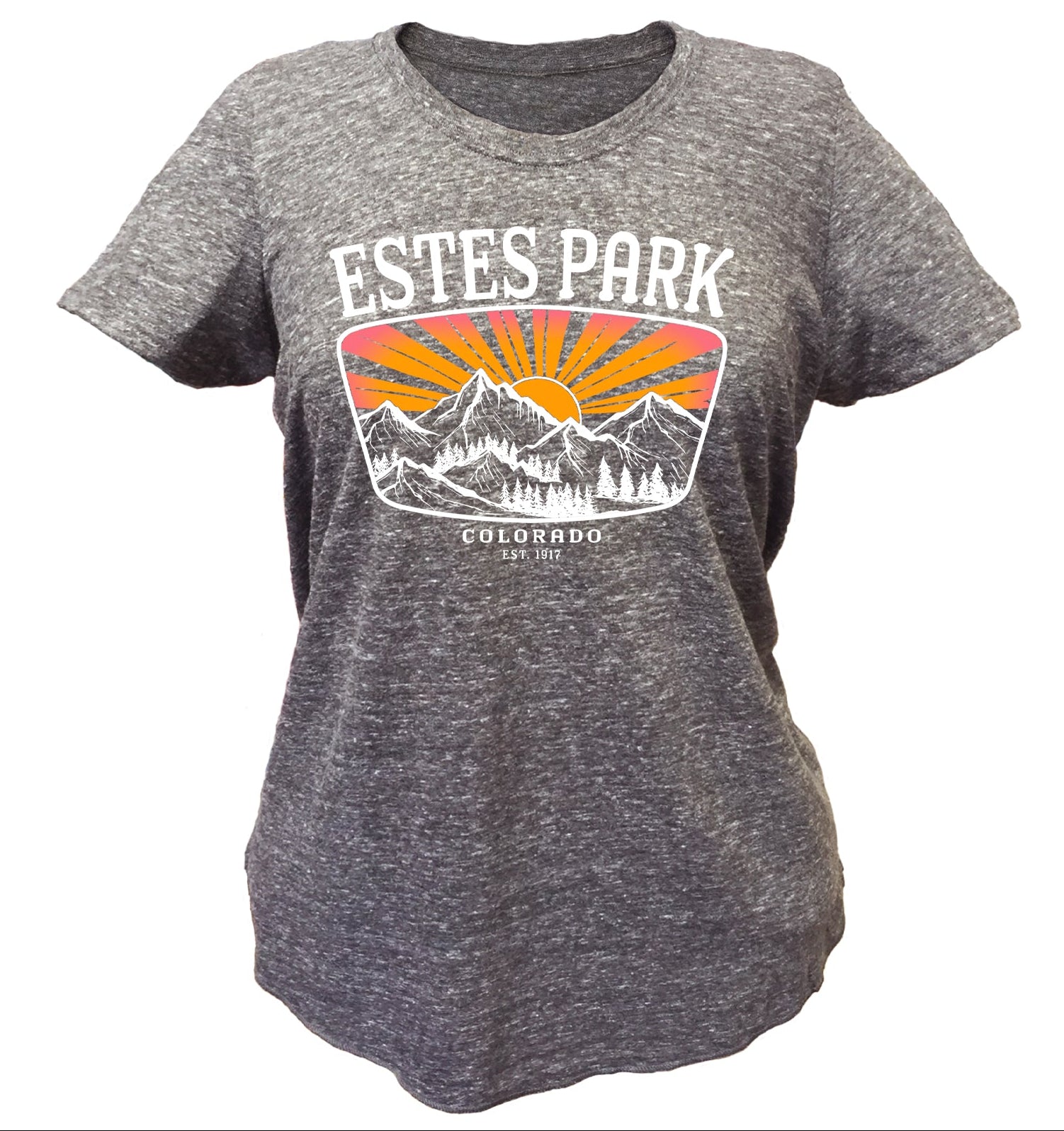 A heather gray short-sleeve graphic T-shirt shown on a white background, with a large chest print reading 'ESTES PARK' above a mountain and sunburst design, plus 'COLORADO EST. 1807' below.