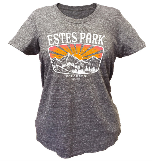 A heather gray short-sleeve graphic T-shirt shown on a white background, with a large chest print reading 'ESTES PARK' above a mountain and sunburst design, plus 'COLORADO EST. 1807' below.